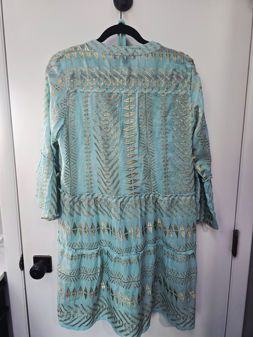 Boston Proper Turquoise Long Sleeve V Neck Minidress W Gold Embroidery-Med - Picture 16 of 16